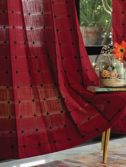 Urban Space - Pixel Checks Embroidery Cotton Curtain Window - Maroon (Pack of 2)