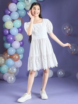 Cherry & Jerry - Girl Fit and Flare White Schiffli Knee Length Dress