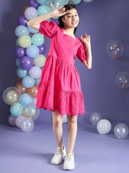 Cherry & Jerry - Girl Fit and Flare Pink Schiffli Knee Length Dress