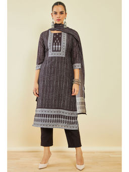 Soch - Brown Cotton Suit With Printed Ethnic Designs And Hand Embroidery (Set of 3)