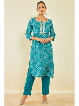 Soch - Blue Cotton Kurta With Geometric Print And Embroidery (Set of 2)