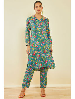 Soch - Teal Cotton Kurta With Floral Designs And Ethnic Embroidery (Set of 2)