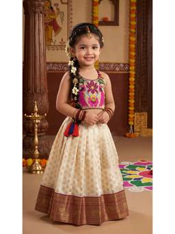 FELIZ THE DESIGNER STUDIO - Girls Maroon-Off White Woven Lehenga with Choli