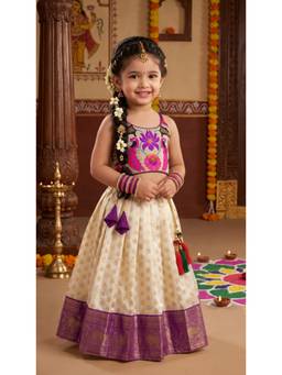 FELIZ THE DESIGNER STUDIO - Girls Purple-Off White Woven Lehenga with Choli
