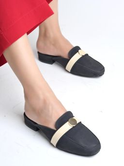 Shoetopia - Girls Black Contrast Strap & Gold Accent Mules