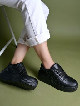 Shoetopia - Girls Black Stylish Lace-Up Casual Sneakers