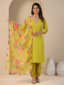 FASHOR - Lime Green Embroidery Kurta with Pants & Dupatta (Set of 3)