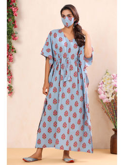 MIRARI - Women Floral Printed Pure Cotton Long Kaftan Night Blue (Set of 2)