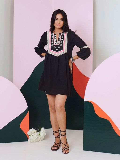Buy Gulaal Veronica Black Mirror Work Short Dress With Lace Detailing Online