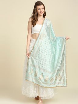 Dupatta Bazaar - Womens Light Blue & Gold Printed Silk Dupatta