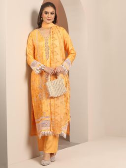 Libas Art - Yellow Floral Kurta with Pant and Dupatta (Set of 3)