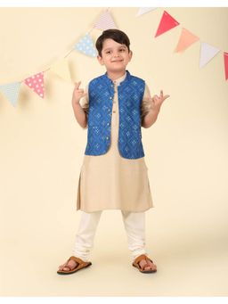 Fabindia - Beige Viscose Silk Hand Block Printed Kurta with Jacket (Set of 2)