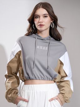 TOKYO TALKIES - Women's Grey Boxy Fit Printed Hooded Hoodie