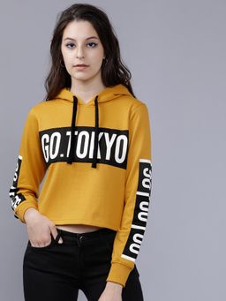 TOKYO TALKIES - Women's Mustard Printed Hooded Hoodie