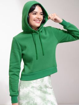 TOKYO TALKIES - Women's Green Solid Hooded Sweatshirt