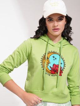 TOKYO TALKIES - Women's Lime Green Printed Hooded Crop Sweatshirt