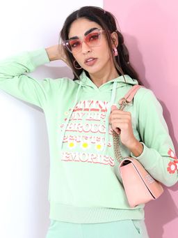 TOKYO TALKIES - Women's Sea Green Printed Hooded Sweatshirt