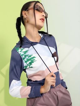 TOKYO TALKIES - Women's Blue Printed Hooded Crop Sweatshirt