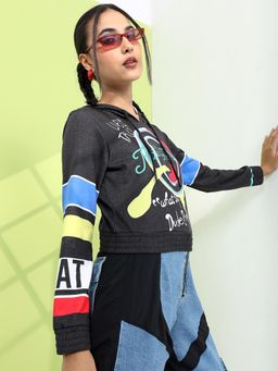 TOKYO TALKIES - Women's Black Printed Hooded Sweatshirt