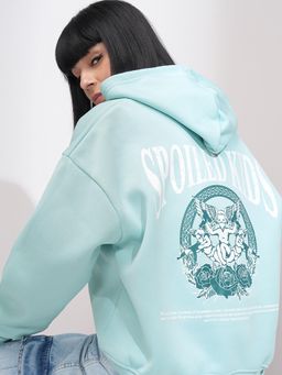 TOKYO TALKIES - Women's Blue Y2K Print Drop Shoulder Oversized Hooded Sweatshirt