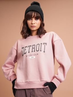 TOKYO TALKIES - Women's Pink Typography Printed Oversized Pullover Sweatshirts