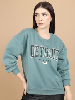 TOKYO TALKIES - Women's Sea Green Typography Printed Oversized Pullover