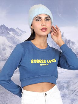TOKYO TALKIES - Women's Blue Typography Printed Long Sleeves Cropped Pullover