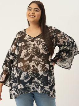 theRebelinme - Plus Size Black Floral Printed Bell Sleeves Georgette Longline Top