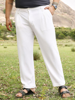 Instafab Plus - Men Solid White Twill-Pleated Trouser