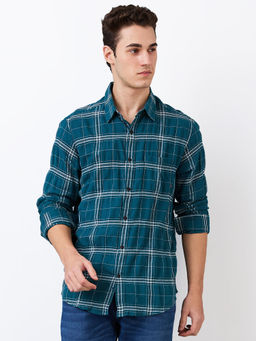 Spykar - Men Teal Slim Fit Checks Full Sleeves Casual Shirt