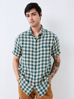 Spykar - Men Teal Slim Fit Checks Half Sleeves Casual Shirt