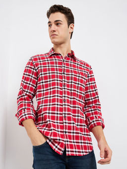 Spykar - Men Red Slim Fit Checks Full Sleeves Casual Shirt