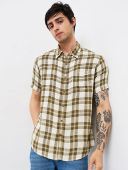Spykar - Men Olive Slim Fit Checks Half Sleeves Casual Shirt