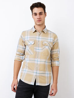 Spykar - Men Beige Slim Fit Checks Full Sleeves Casual Shirt
