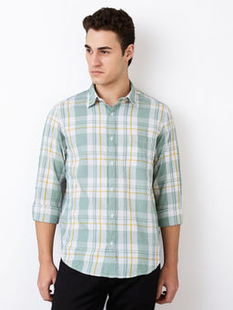 Spykar - Men Green Slim Fit Checks Full Sleeves Casual Shirt