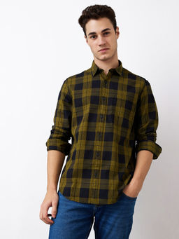 Spykar - Men Olive and Navy Blue Slim Fit Checks Casual Shirt