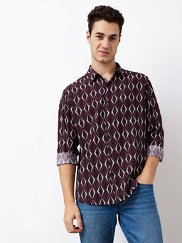 Spykar - Men Maroon Slim Fit Printed Full Sleeves Casual Shirt