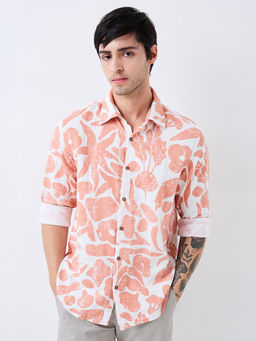 Spykar - Men Peach Slim Fit Printed Full Sleeves Casual Shirt