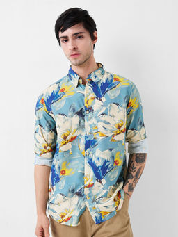Spykar - Men Blue Floral Printed Full Sleeves Casual Shirt