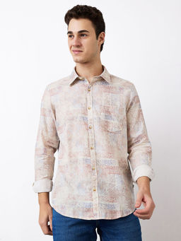 Spykar - Men Beige Slim Fit Printed Full Sleeves Casual Shirt