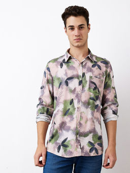 Spykar - Men Pink and Green Slim Fit Printed Shirt