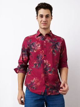 Spykar - Men Red Slim Fit Floral Printed Full Sleeves Casual Shirt