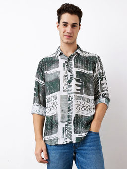 Spykar - Men White and Green Slim Fit Printed Casual Shirt