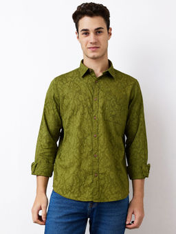 Spykar - Men Olive Slim Fit Self Design Full Sleeves Casual Shirt