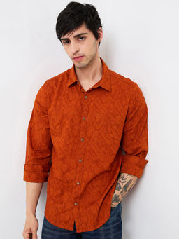 Spykar - Men Rust Slim Fit Self Design Full Sleeves Casual Shirt