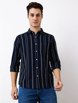 Spykar - Men Navy Blue Slim Fit Stripes Full Sleeves Casual Shirt