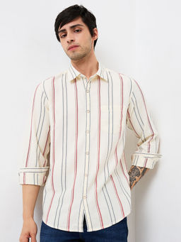 Spykar - Men Off White Slim Fit Stripes Full Sleeves Casual Shirt