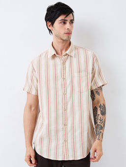 Spykar - Men Beige Slim Fit Stripes Half Sleeves Casual Shirt
