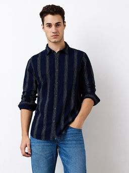 Spykar - Men Navy Blue Slim Fit Stripes Full Sleeves Casual Shirt