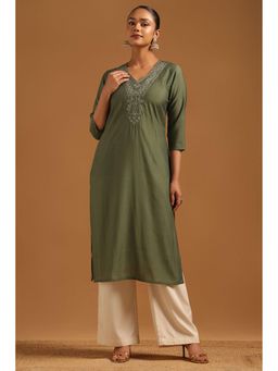 Soch - Womens Sap Green Muslin Floral Embroidered Kurta
